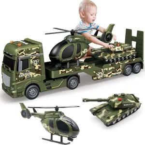 Large Flatbed Semi Truck, 25.6’’ Large Army Truck Toy with Helicopter and Tank, Friction Powered Military Transport Truck Toy with Light & Sounds, Army Toys Birthday Gift for Kids Aged 3-8