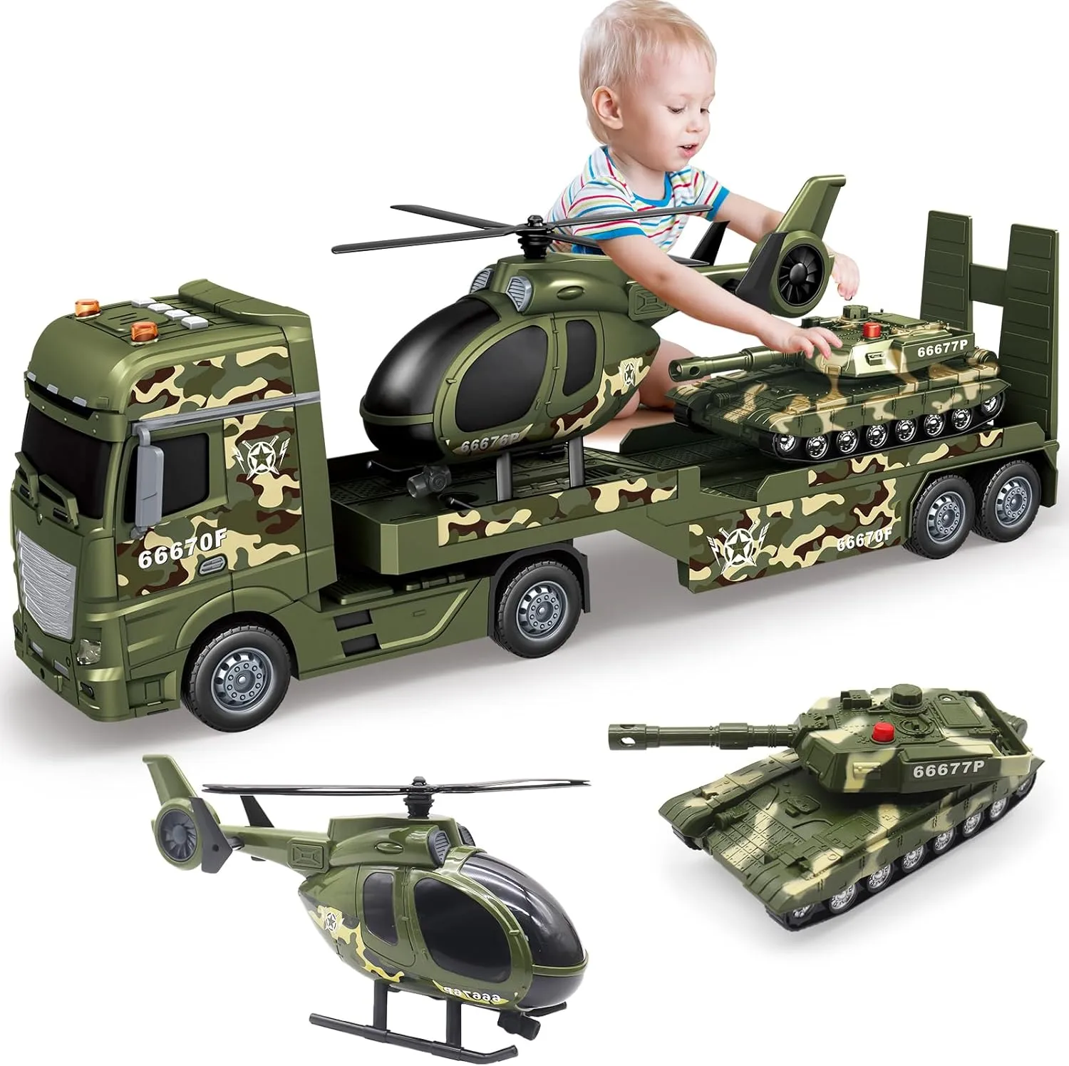 Large Flatbed Semi Truck, 25.6’’ Large Army Truck Toy with Helicopter and Tank, Friction Powered Military Transport Truck Toy with Light & Sounds, Army Toys Birthday Gift for Kids Aged 3-8