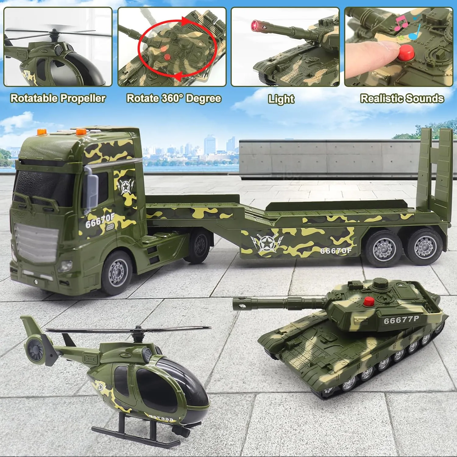 Large Flatbed Semi Truck, 25.6’’ Large Army Truck Toy with Helicopter and Tank, Friction Powered Military Transport Truck Toy with Light & Sounds, Army Toys Birthday Gift for Kids Aged 3-8