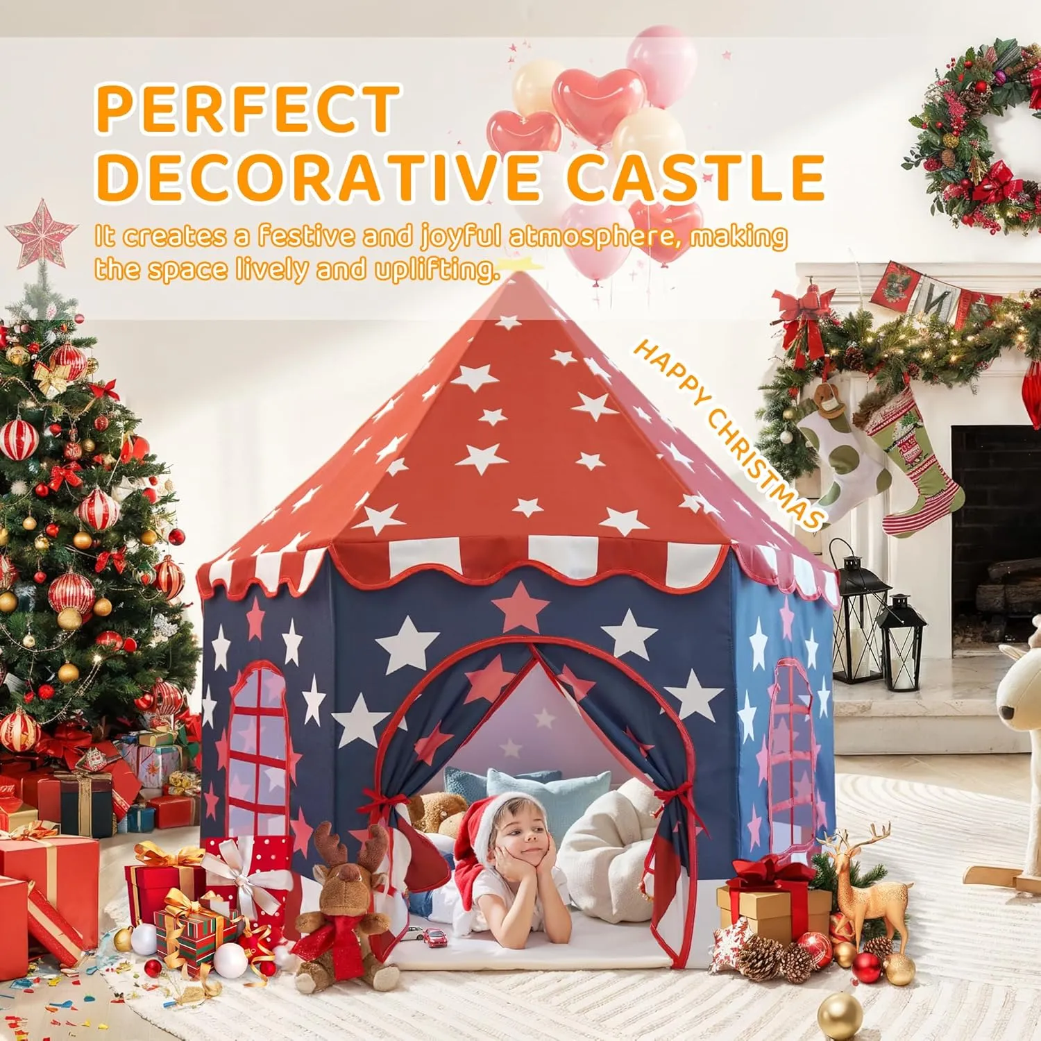Large Girls Play Tent Princess, Boys Castle Kids Playhouse Indoor Outdoor Toddler Teepee | American Style Design, Age 3-8| Detailed Instructions| Colorful Package| Christmas Birthday Gift red