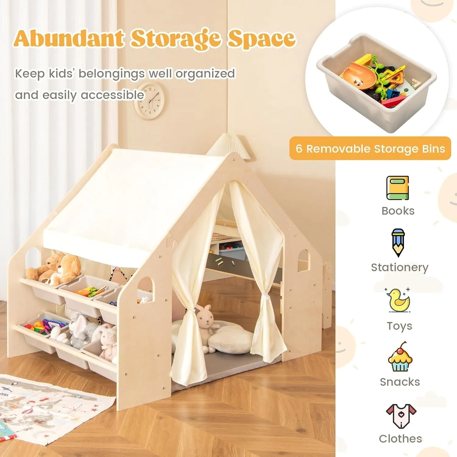 Large Kids Tent, 6-In-1 Wooden Frame Play House with Table and Chair Set, Blackboard, 6 Storage Bins & Soft Floor Mat, Indoor Playhouse for Boys Girls Aged 2-6 Years Old