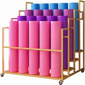 Large Capacity Yoga Mat Storage Rack with Lockable Wheels, Holds 20 Mats, Durable Metal Foam Roller Organizer for Home & Gym(Type 8)