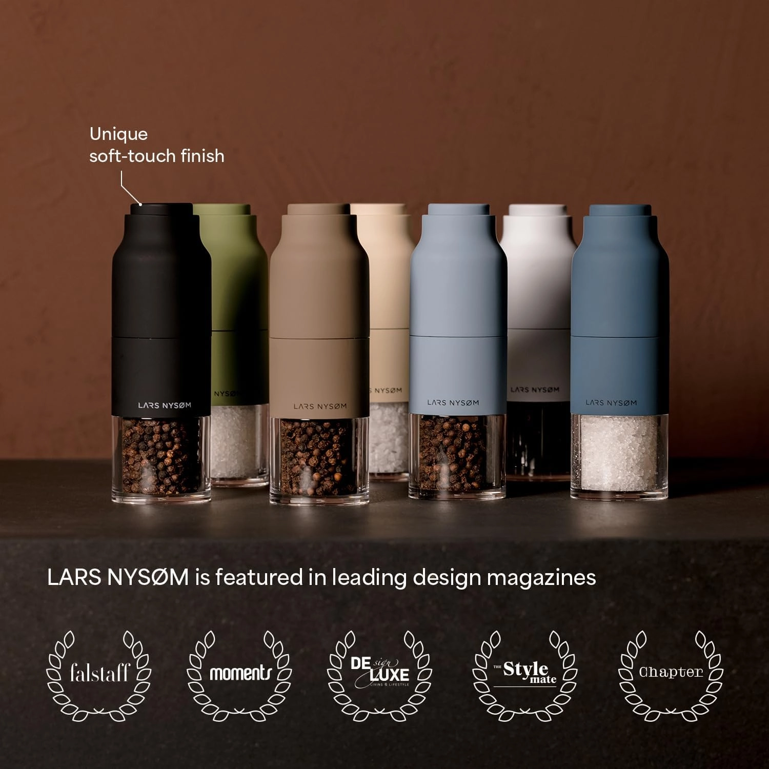 LARS NYSØM Salt and Pepper Grinder Set Stainless Steel with Adjustable Grinder I Bottle Design Spice Mills Set Manual (Ash Gray)