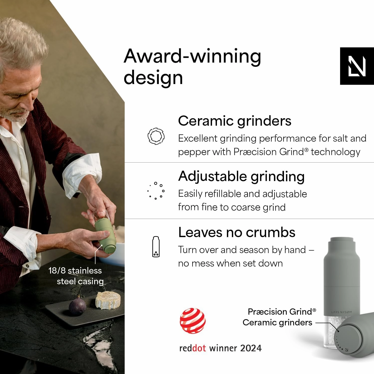 LARS NYSØM Salt and Pepper Grinder Set Stainless Steel with Adjustable Grinder I Bottle Design Spice Mills Set Manual (Ash Gray)