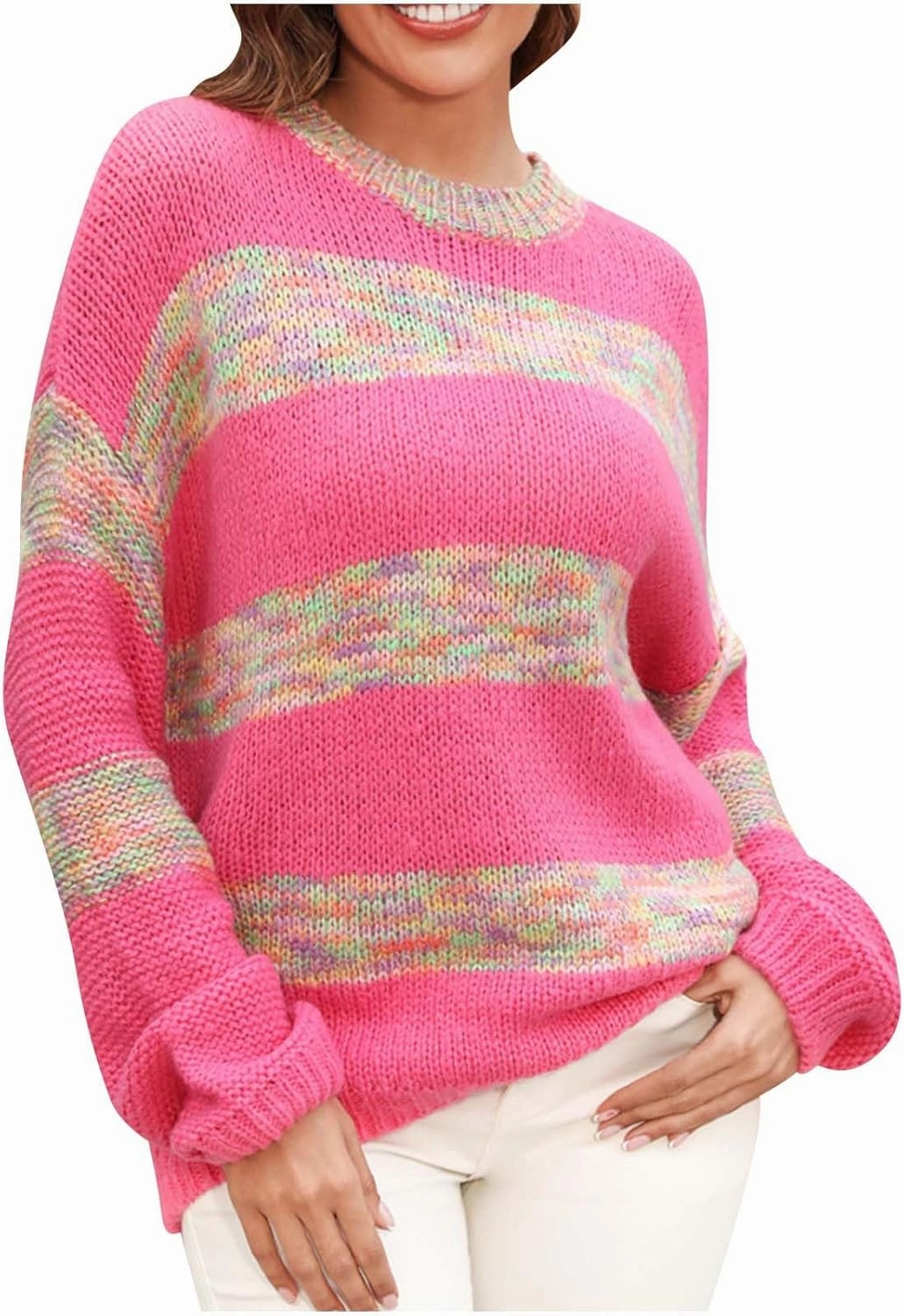Lastesso Sweaters for Women Trendy Soft Long Sleeve Crewneck Knitted Sweater Casual Color Block Loose Fit Preppy Outfits