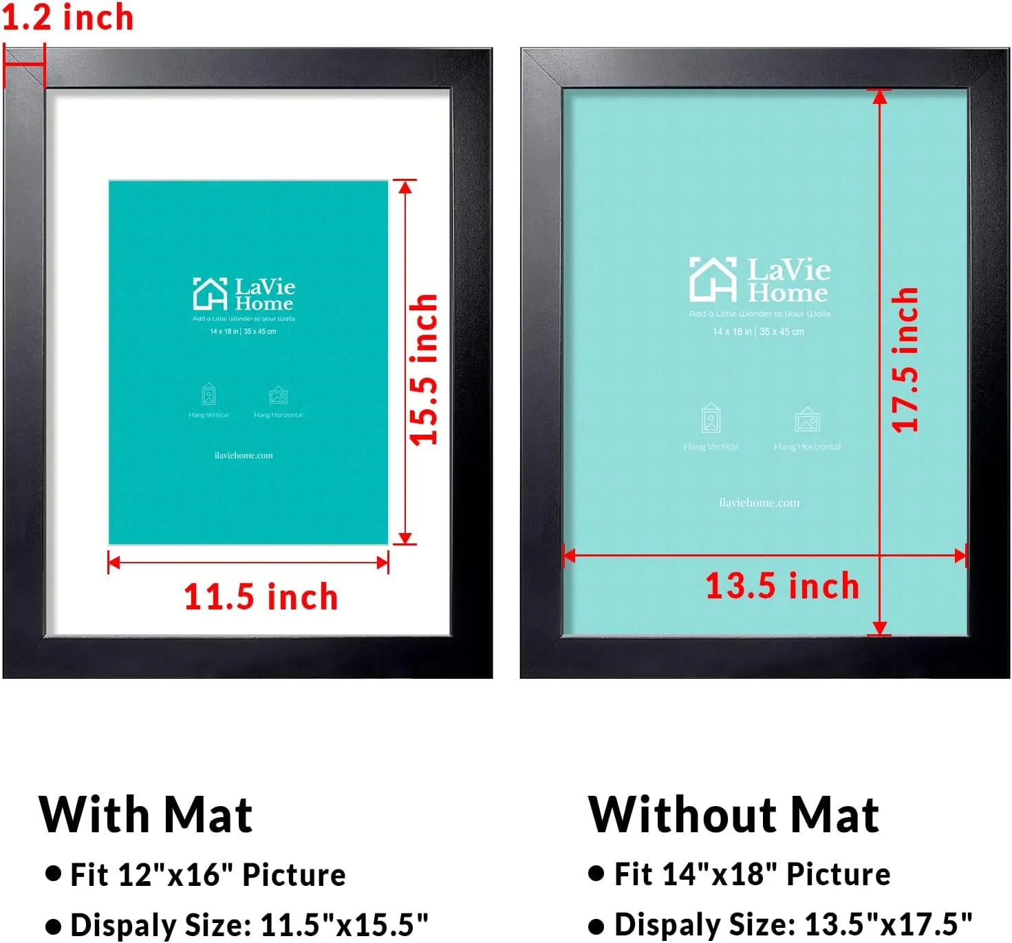 LaVie Home 14x18 Picture Frame Black Poster Frame,Display Pictures 12x16 with Mat or 14x18 Without Mat, Stable and Sturdy Frame and Polished Plexiglass, Horizontal and Vertical Format of The Walls