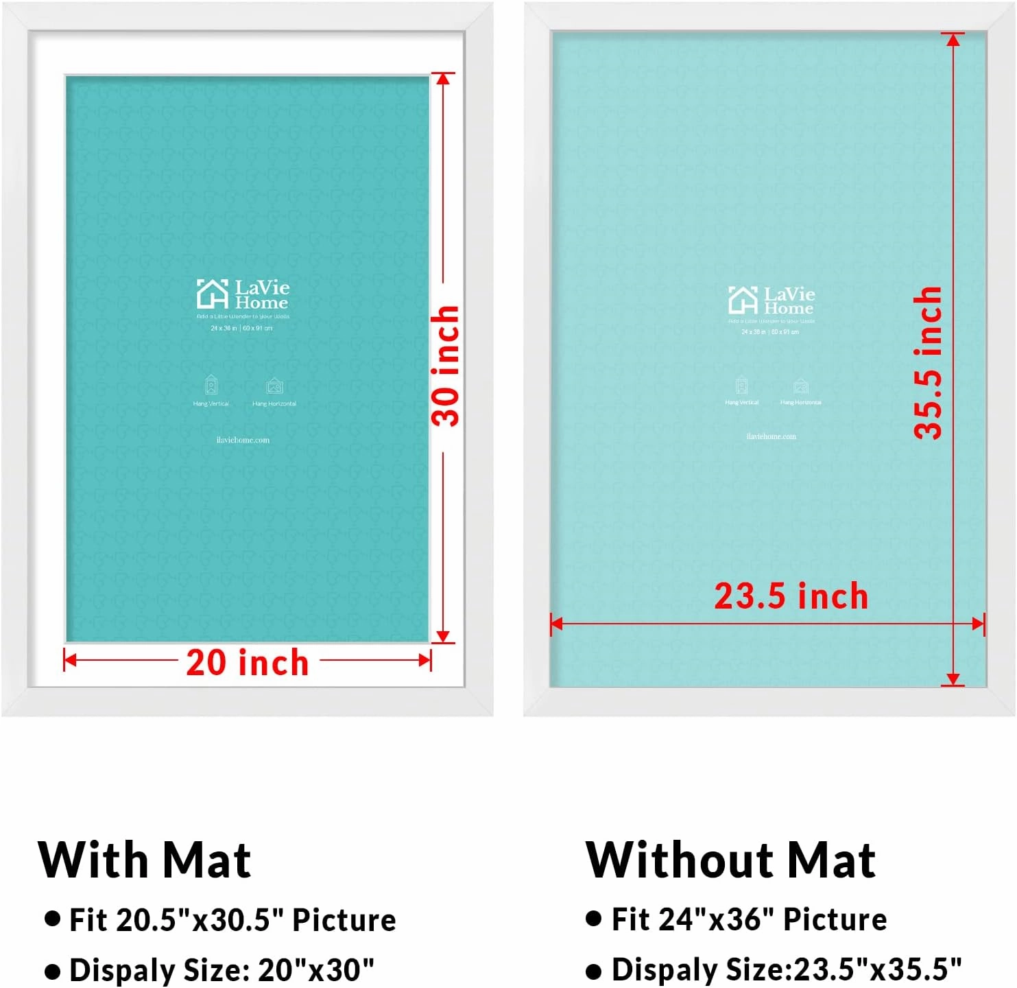 LaVie Home 24 x 36 Poster Frame White, Display Pictures 20x30 with Mat or 24x36 Without Mat, Stable and Sturdy Picture Frame and Polished Plexiglass, Horizontal and Vertical Format of The Wall（1 Pack）