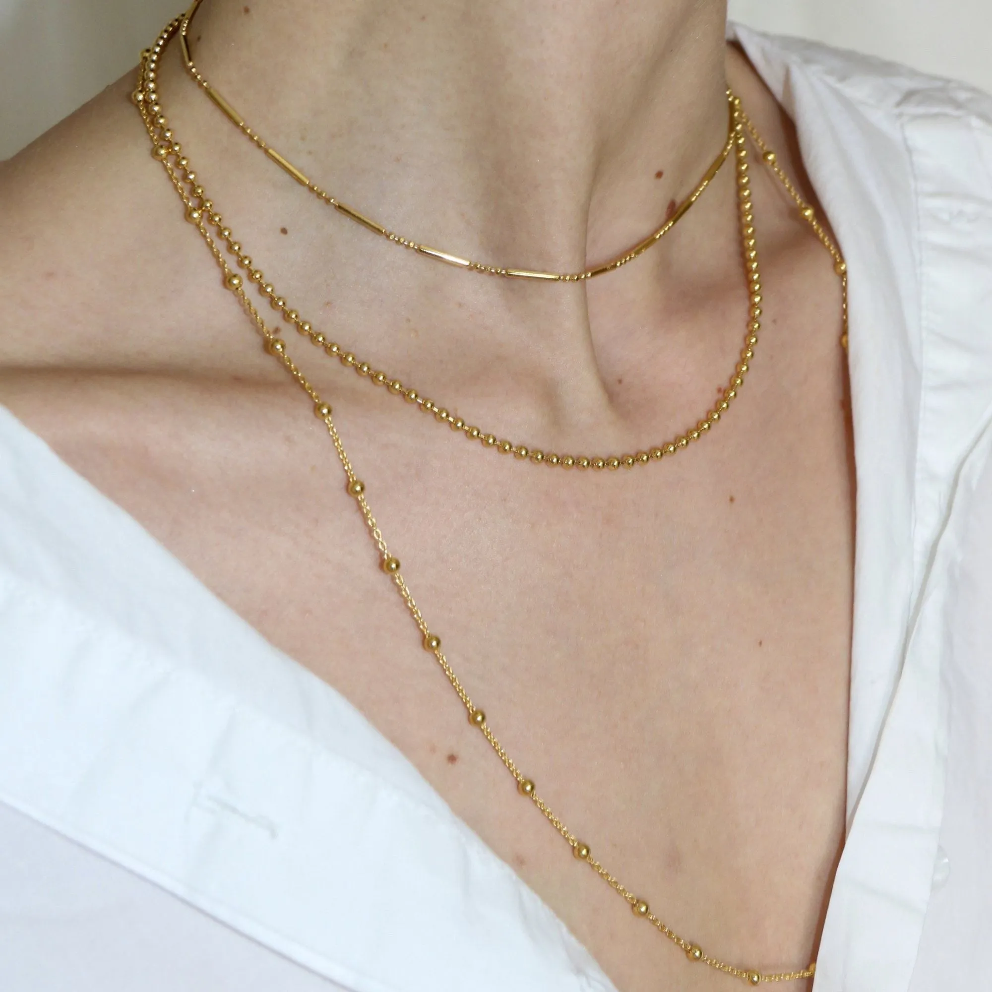 Layering Set - Bamboo Choker, Ball Chain and Long Satellite Necklace Set