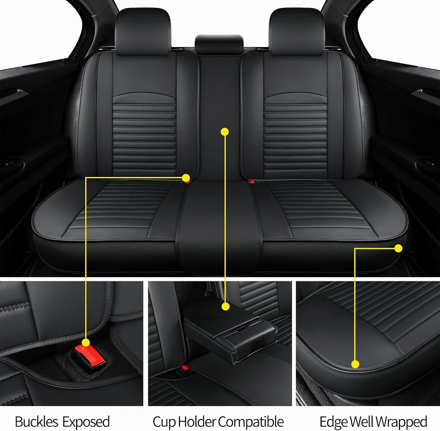 Leather Seat Covers for Cars,Car Seat Covers Full Set,Automotive Seat Covers for Trucks,SUV,Leatherette,Universal Fit,Airbag Compatible Vehicles Seats Cushions(Full Set,Black)