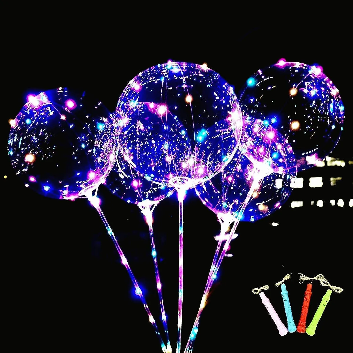 LED Light Up Bobo Balloons with Sticks,10 Packs Flashing Handles,20 Inches Bubble Bobo Balloons,70 cm Sticks,Christmas Birthday Party Decoration