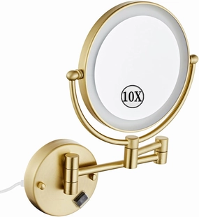 LED Makeup Mirror with Lights, Double Sided 1X/10X Magnifying Mirror, Brushed Gold Plug in Wall Mounted 360° Swivel Extendable Bathroom Vanity Mirror