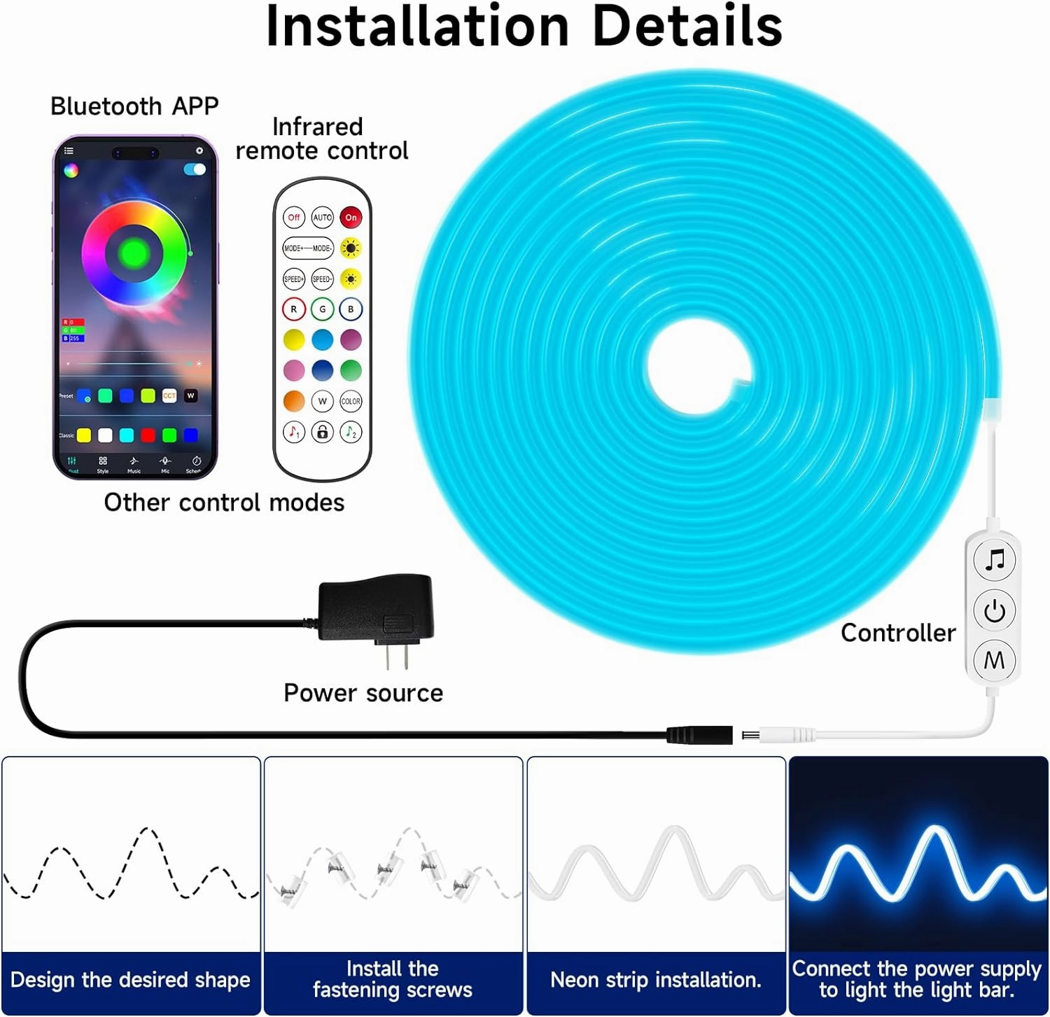 LED Neon Rope Lights, 19.68ft RGB LED Light Strip, 24V Music Sync App/Remote Control DIY Rope Light, IP67 Waterproof Gaming LED Neon Strip Lights for Bedroom Indoor Oudoor Décor
