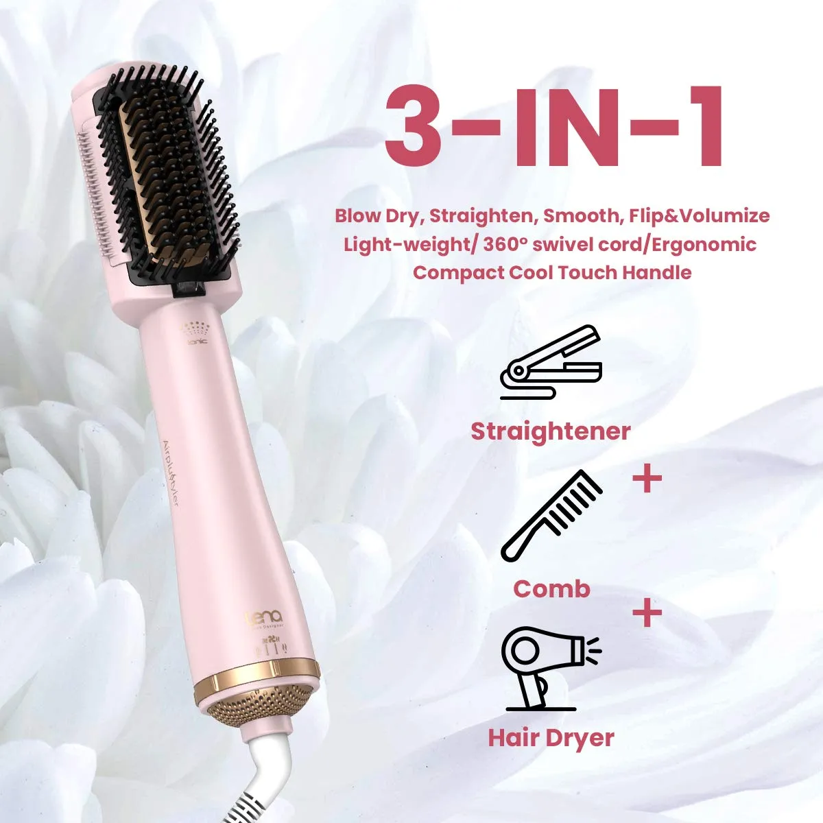 LENA Hair Straightener Brush Dryer PRO Blow Dryer Hot Air Brush - Anti-Scald Straightening Iron Comb Styler with Extra Ion Care, Far Infrared Heating and 3 Modes for Long & Medium Length Hair, Pink