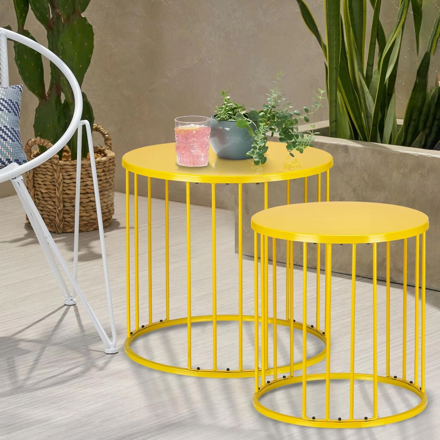 LEWIS&WAYNE Outdoor Side Table Set of 2, Metal Circle Accent End Tables for Balcony Backyard Garden Indoor Living Room, Durable Nesting Coffee Tables, 20” 16” Dia, Yellow