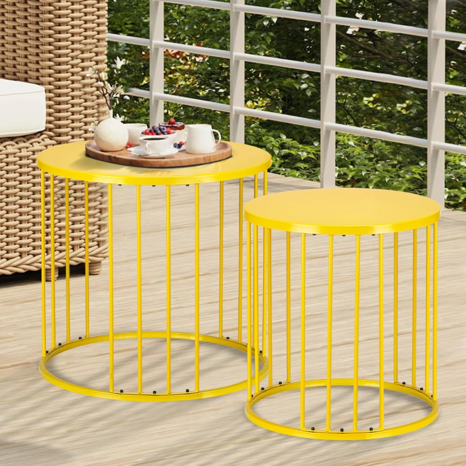 LEWIS&WAYNE Outdoor Side Table Set of 2, Metal Circle Accent End Tables for Balcony Backyard Garden Indoor Living Room, Durable Nesting Coffee Tables, 20” 16” Dia, Yellow