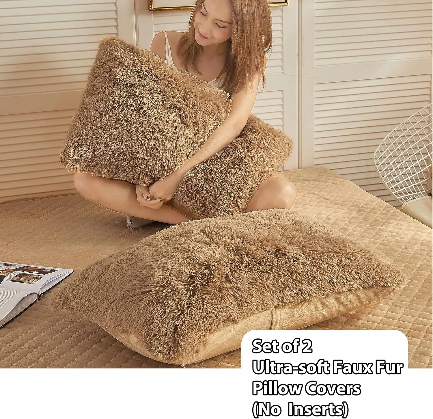 LIFEREVO 2 Pack Faux Fur Pillow Shams,Shaggy Plush Home Decorative Luxury Series Super Soft Furry Pillow Case with Zipper Closure for Home Sofa Couch Decoration,Standard (Camel,20"x26")