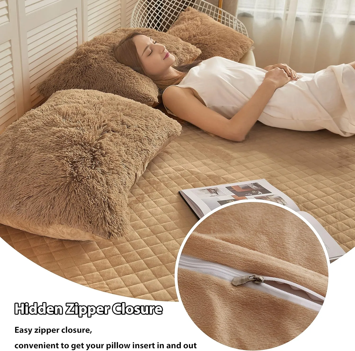 LIFEREVO 2 Pack Faux Fur Pillow Shams,Shaggy Plush Home Decorative Luxury Series Super Soft Furry Pillow Case with Zipper Closure for Home Sofa Couch Decoration,Standard (Camel,20"x26")