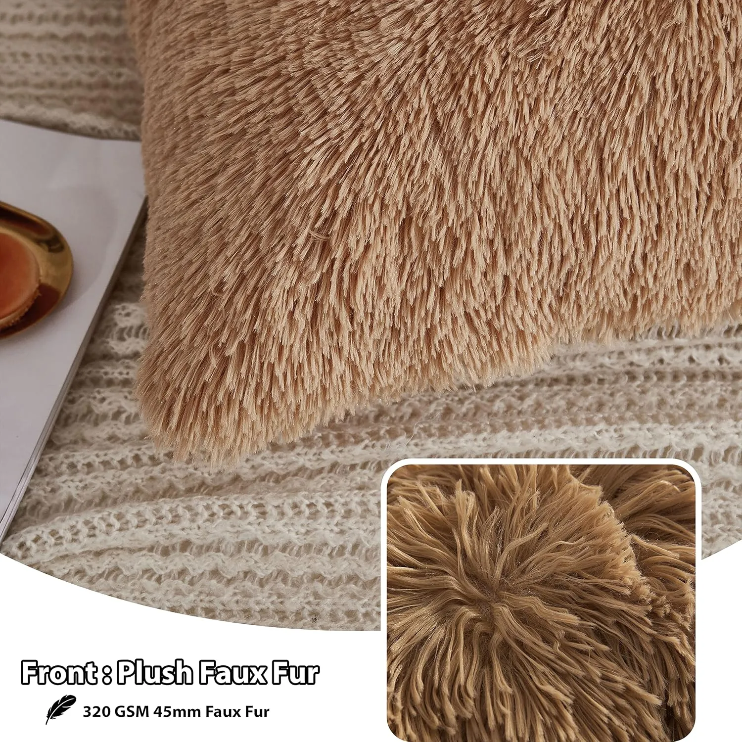 LIFEREVO 2 Pack Faux Fur Pillow Shams,Shaggy Plush Home Decorative Luxury Series Super Soft Furry Pillow Case with Zipper Closure for Home Sofa Couch Decoration,Standard (Camel,20"x26")