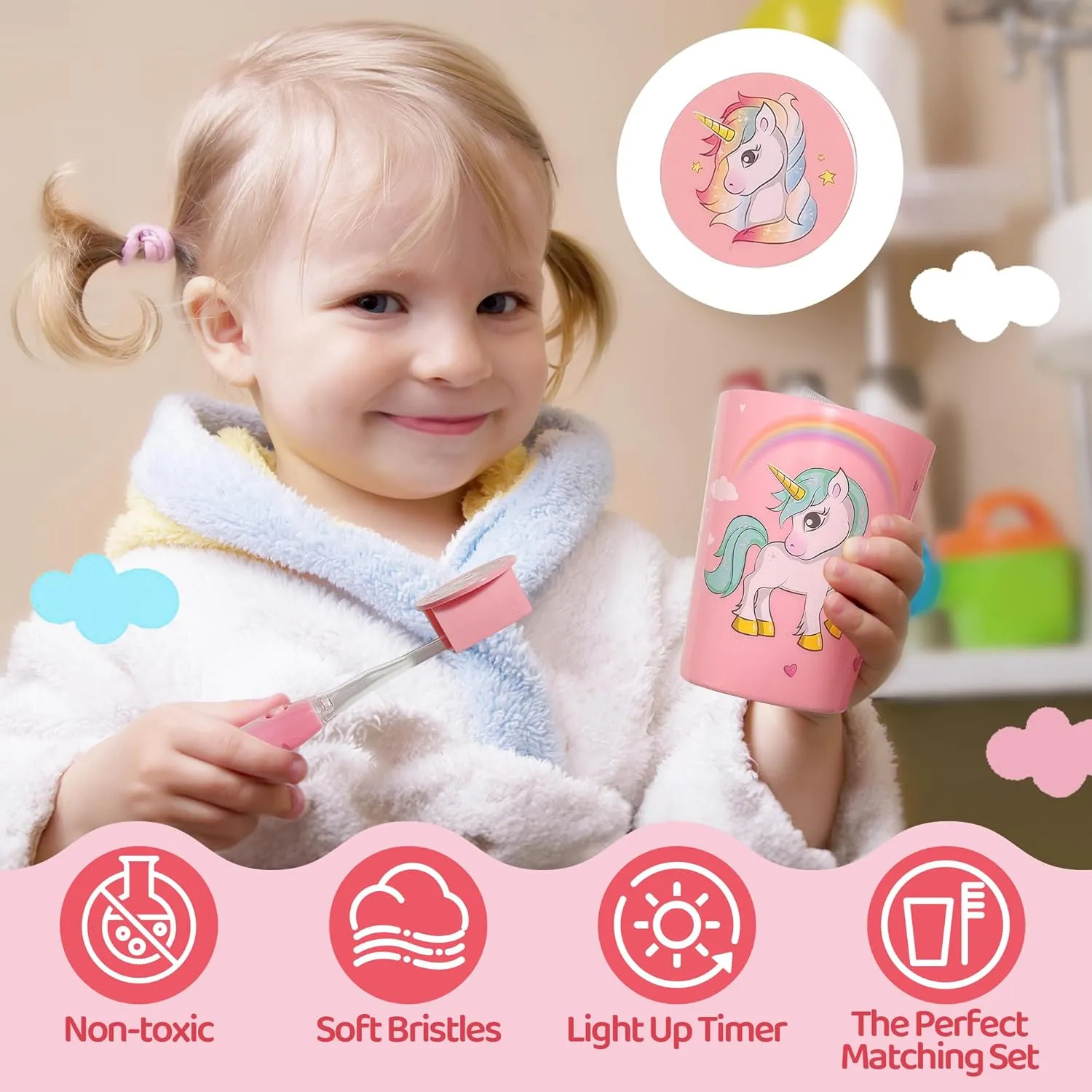 Lily's Home Kids Flashing Timer Toothbrush Kids with Soft Bristles, Rising Cup & Cover - Fun 2-Min Light-Up Brushing for Children - Toddler Soft Toothbrush Kit (Unicorn)