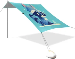 Little Cute Raccoon Beach Tent & Canopy UPF50 Easy Setup Portable Sun Shelter Includes Sand Shovel, Sandbags, Stability Poles for Family Trips, Picnics & Camping