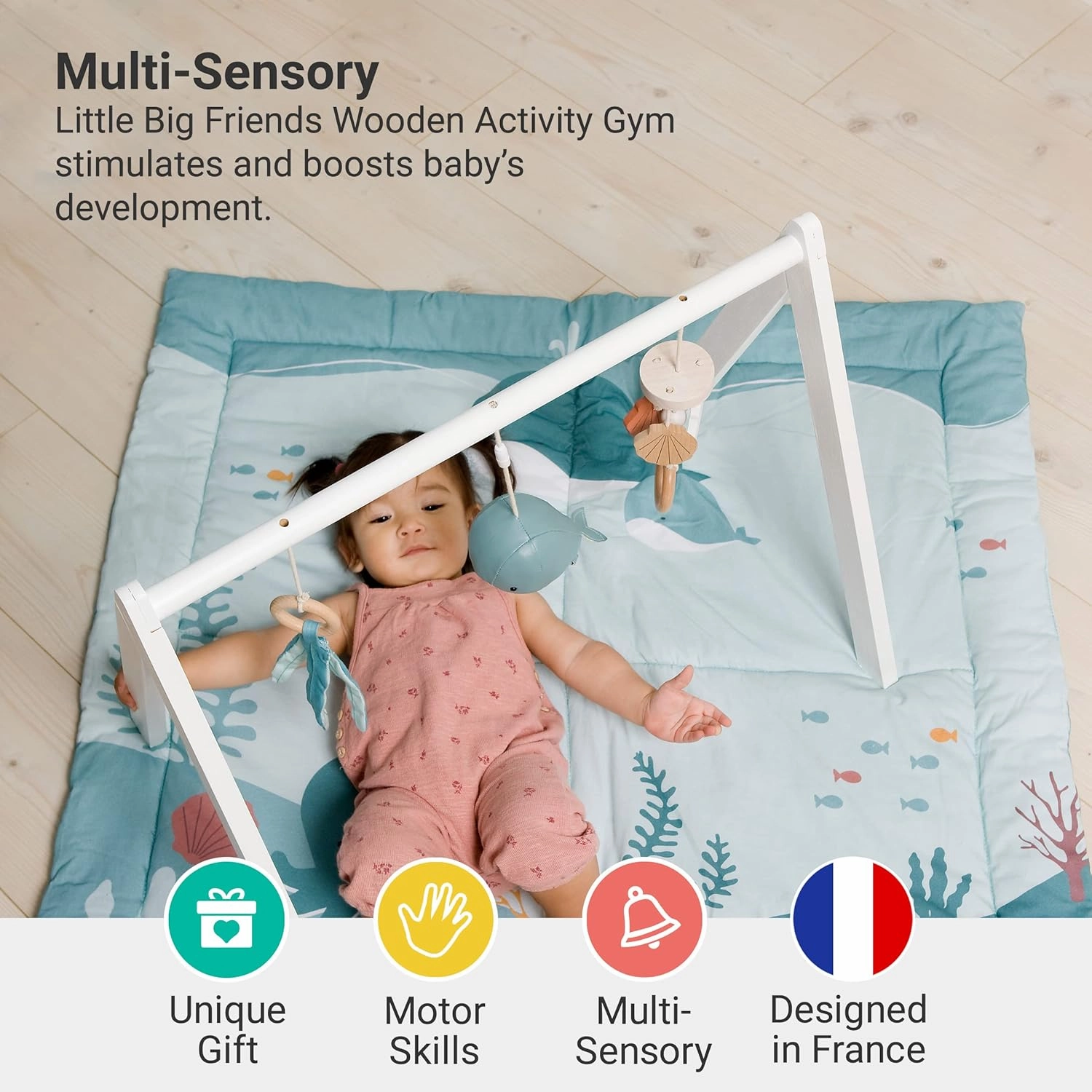 Little Big Friends Wooden Activity Gym | Montessori Toy Encourages Early Motor Skills | Ocean