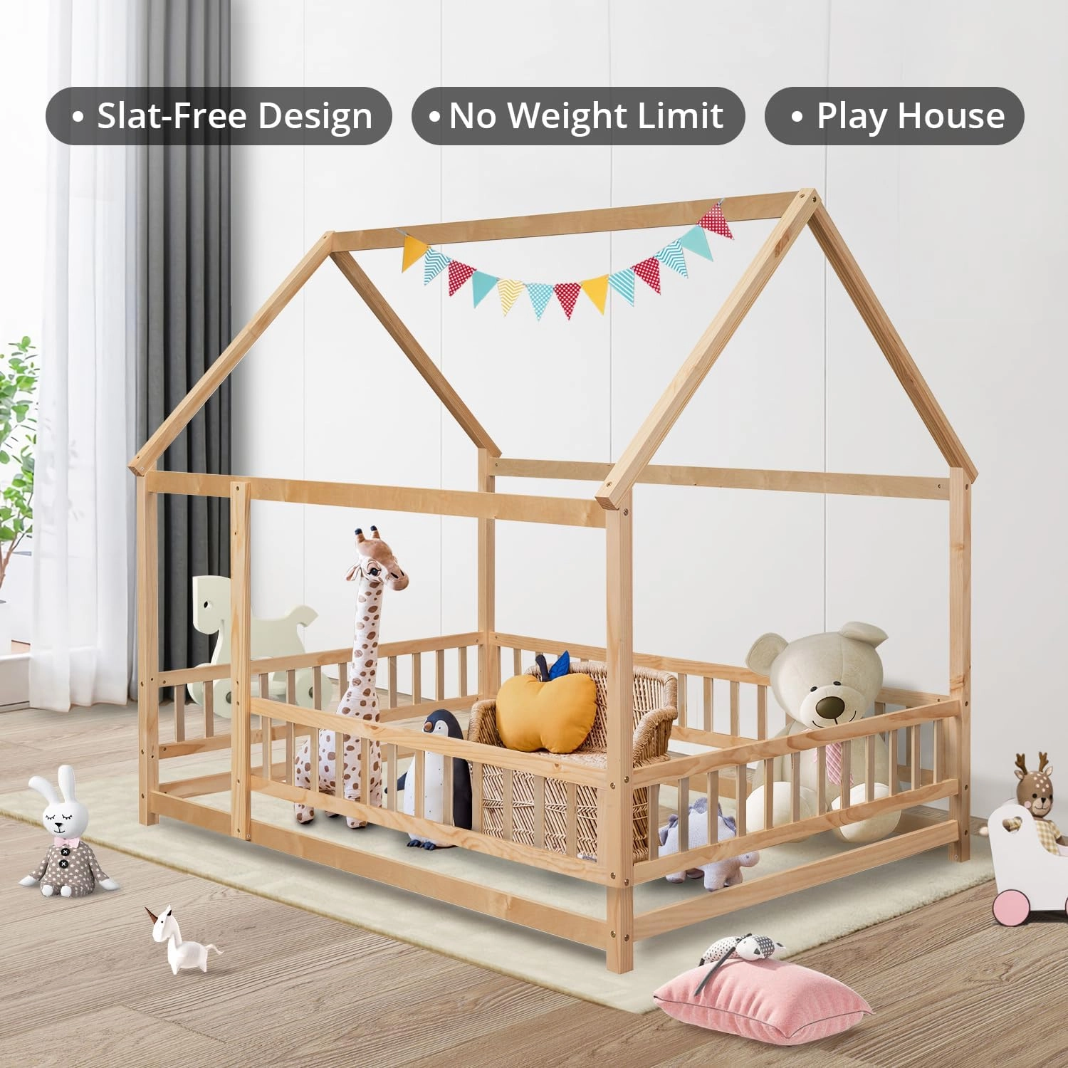 LLS Full Size House Bed with Fence, Wooden Montessori Bed with Roof Design, Floor Bed Frame for Boys Girls Bedroom, Natural
