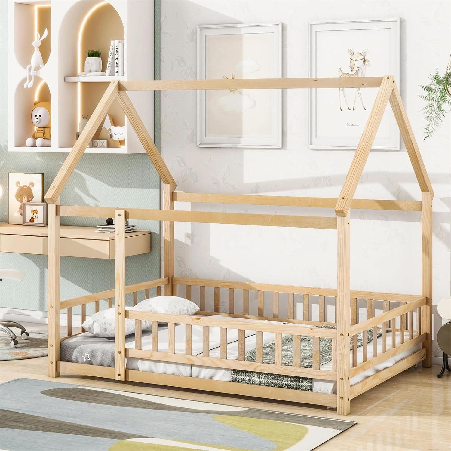 LLS Full Size House Bed with Fence, Wooden Montessori Bed with Roof Design, Floor Bed Frame for Boys Girls Bedroom, Natural