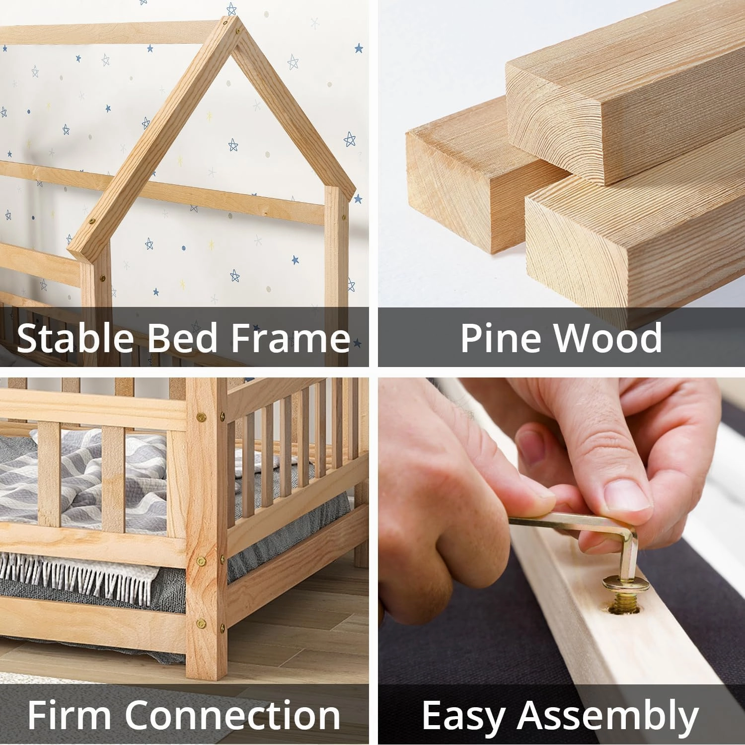 LLS Full Size House Bed with Fence, Wooden Montessori Bed with Roof Design, Floor Bed Frame for Boys Girls Bedroom, Natural