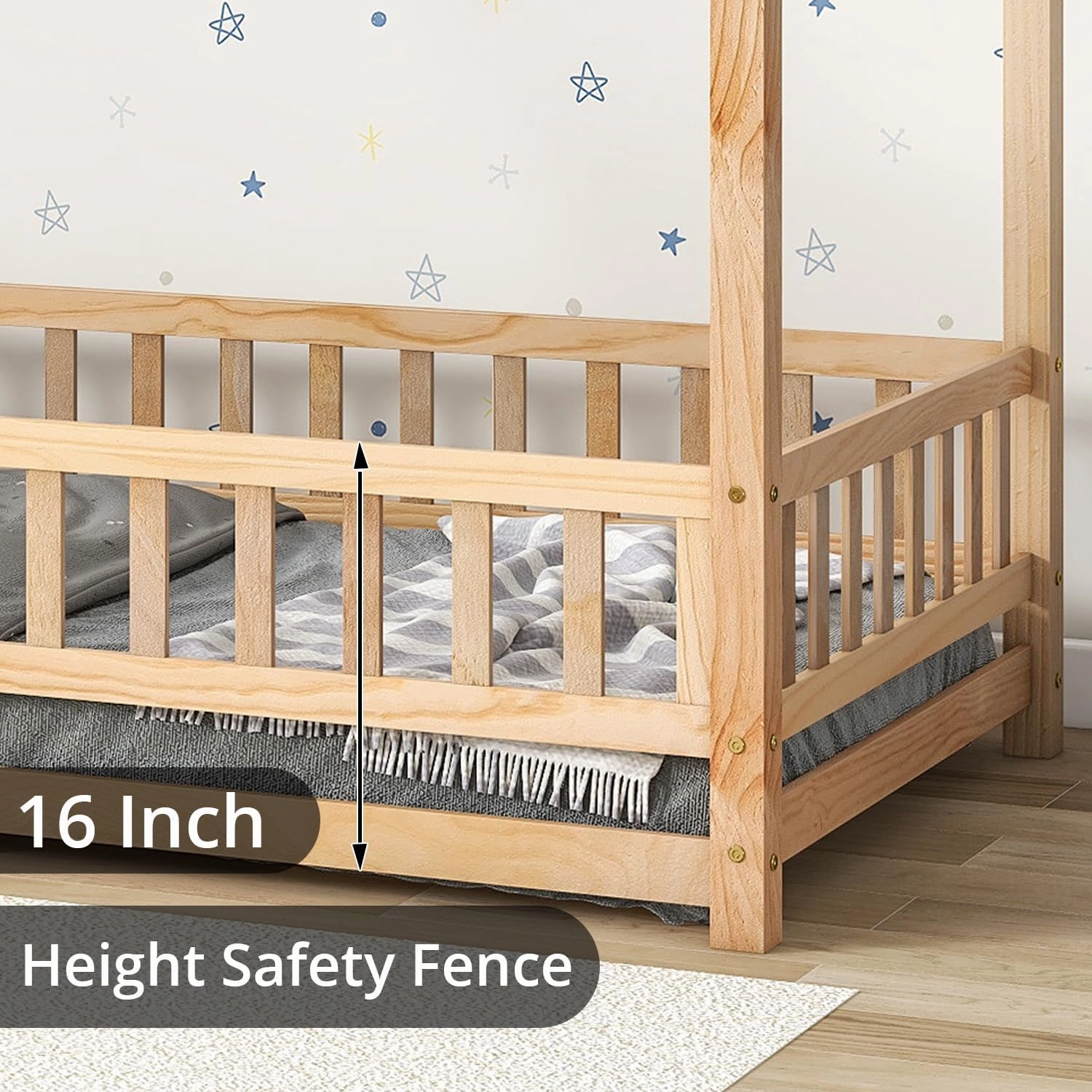 LLS Full Size House Bed with Fence, Wooden Montessori Bed with Roof Design, Floor Bed Frame for Boys Girls Bedroom, Natural