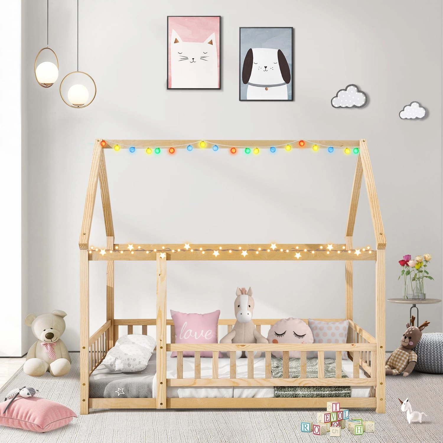 LLS Full Size House Bed with Fence, Wooden Montessori Bed with Roof Design, Floor Bed Frame for Boys Girls Bedroom, Natural
