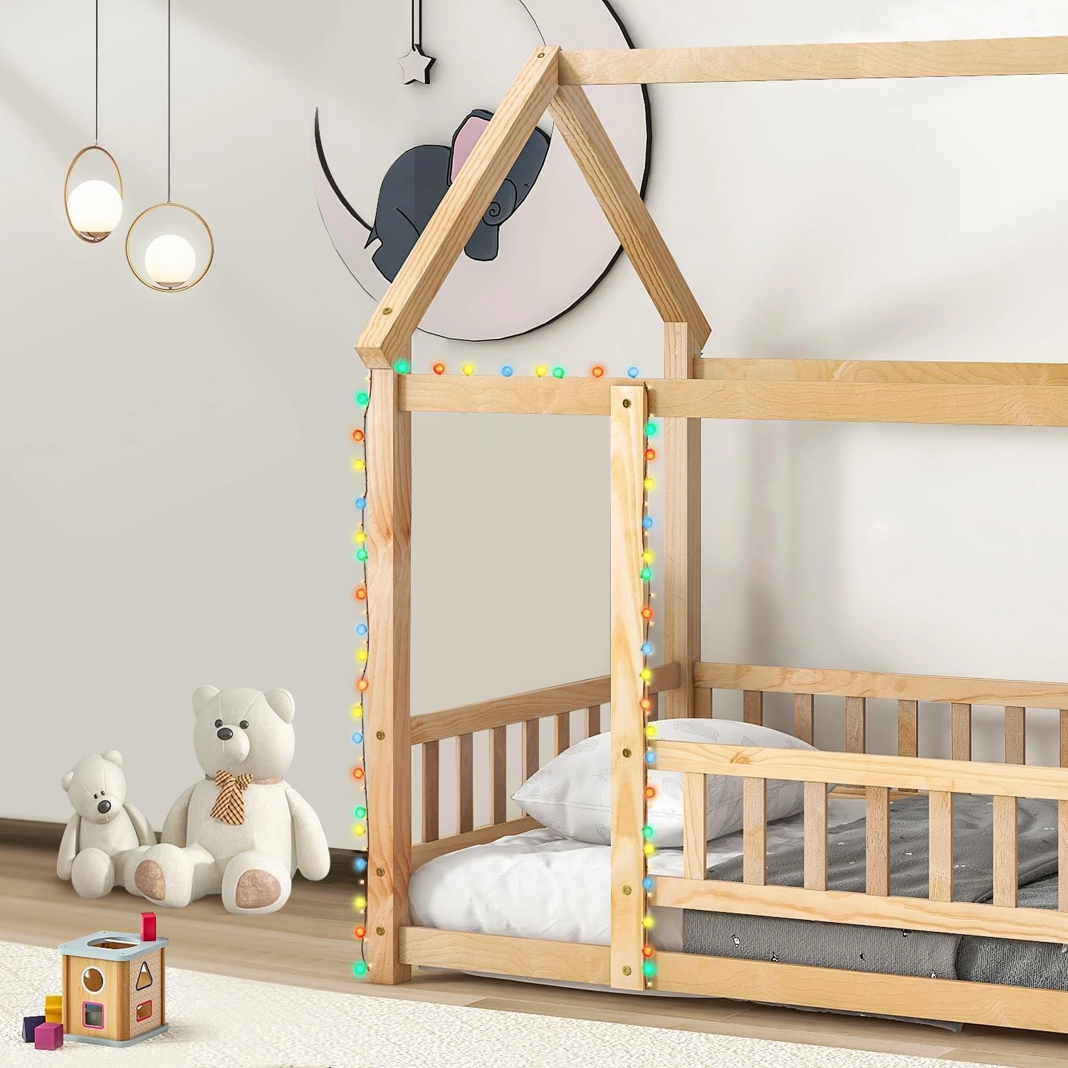 LLS Full Size House Bed with Fence, Wooden Montessori Bed with Roof Design, Floor Bed Frame for Boys Girls Bedroom, Natural