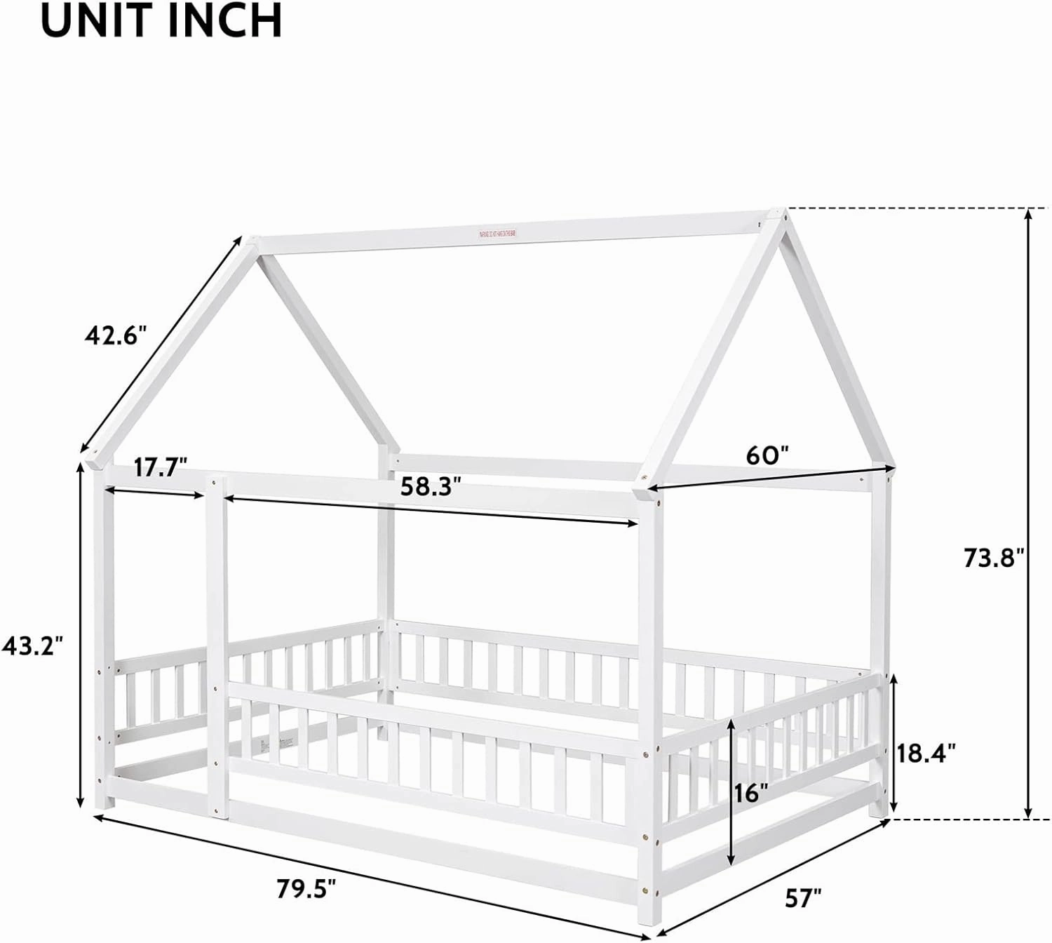 LLS Full Size House Bed with Fence, Wooden Montessori Bed with Roof Design, Floor Bed Frame for Boys Girls Bedroom, Natural