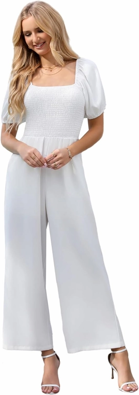 Love Welove Fashion Jumpsuits for Women Dressy Short Sleeve Smocked High Waist Wide Leg Pants Loose Romper Outfits