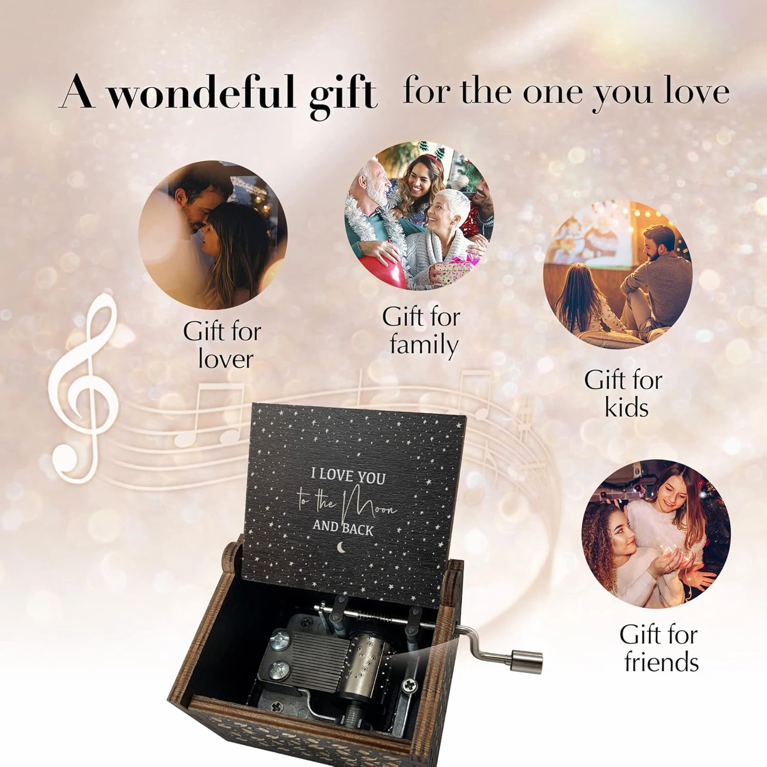 Love You to The Moon and Back Wooden Music Box,Hand Crank Antique Engraved Wood Musical Boxes Gifts for Lover Girlfriend Boyfriend Wife Husband on Birthday Valentine's Day(Black)
