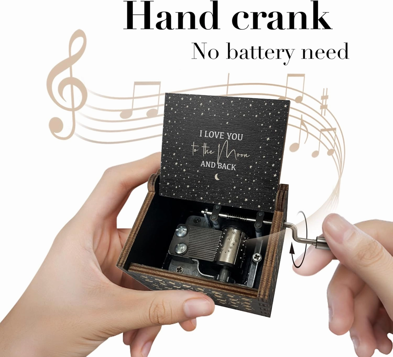 Love You to The Moon and Back Wooden Music Box,Hand Crank Antique Engraved Wood Musical Boxes Gifts for Lover Girlfriend Boyfriend Wife Husband on Birthday Valentine's Day(Black)