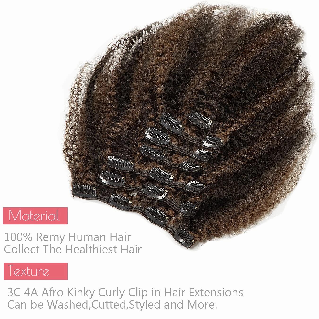 Loxxy Afro Kinky Curly Clip Ins Real Remy Human Hair Extensions For Black Women 3C 4A Piano Natural Black Mixed With Chocolate Brown Brazilian Hair Double Weft Natural Hair Clip ins 120Gram 12Inch