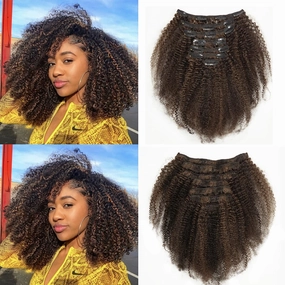 Loxxy Afro Kinky Curly Clip Ins Real Remy Human Hair Extensions For Black Women 3C 4A Piano Natural Black Mixed With Chocolate Brown Brazilian Hair Double Weft Natural Hair Clip ins 120Gram 12Inch