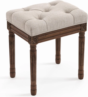 LUE BONA Upholstered Fabric Vanity Bench Seat, Makeup Stools for Vanity, Square Tufted Ottoman Bench with Carved Dark Brown Color Legs for Bedroom Living Room, Linen Color