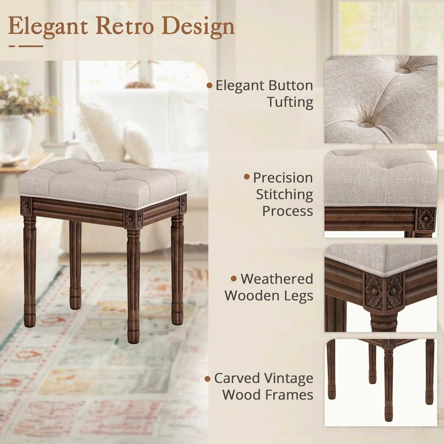 LUE BONA Upholstered Fabric Vanity Bench Seat, Makeup Stools for Vanity, Square Tufted Ottoman Bench with Carved Dark Brown Color Legs for Bedroom Living Room, Linen Color