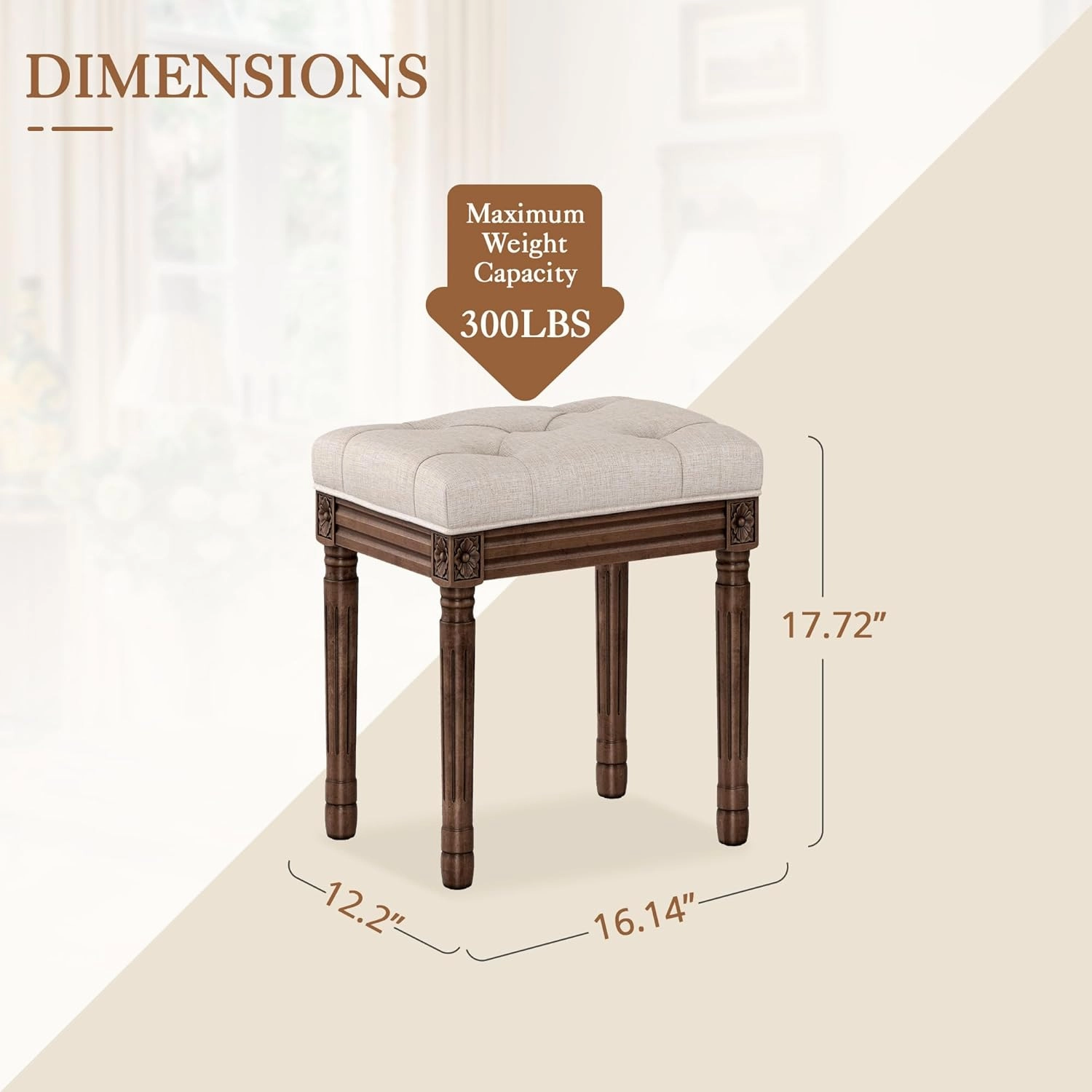 LUE BONA Upholstered Fabric Vanity Bench Seat, Makeup Stools for Vanity, Square Tufted Ottoman Bench with Carved Dark Brown Color Legs for Bedroom Living Room, Linen Color