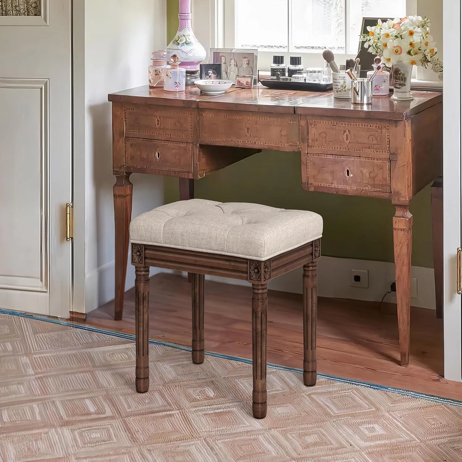 LUE BONA Upholstered Fabric Vanity Bench Seat, Makeup Stools for Vanity, Square Tufted Ottoman Bench with Carved Dark Brown Color Legs for Bedroom Living Room, Linen Color