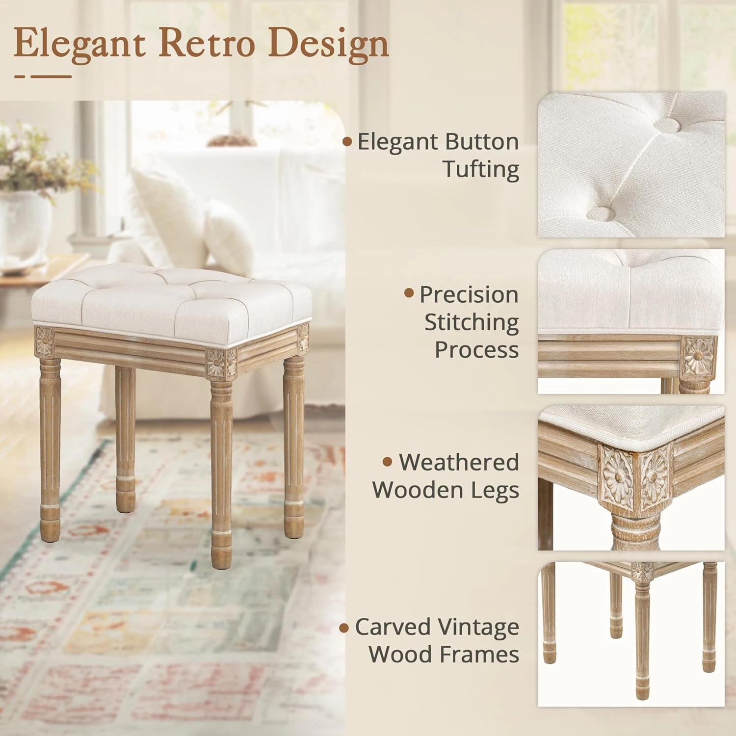 LUE BONA Upholstered Fabric Vanity Bench Seat, Makeup Stools for Vanity, Square Tufted Ottoman Bench with Carved Wood Color Legs for Bedroom Living Room, Beige