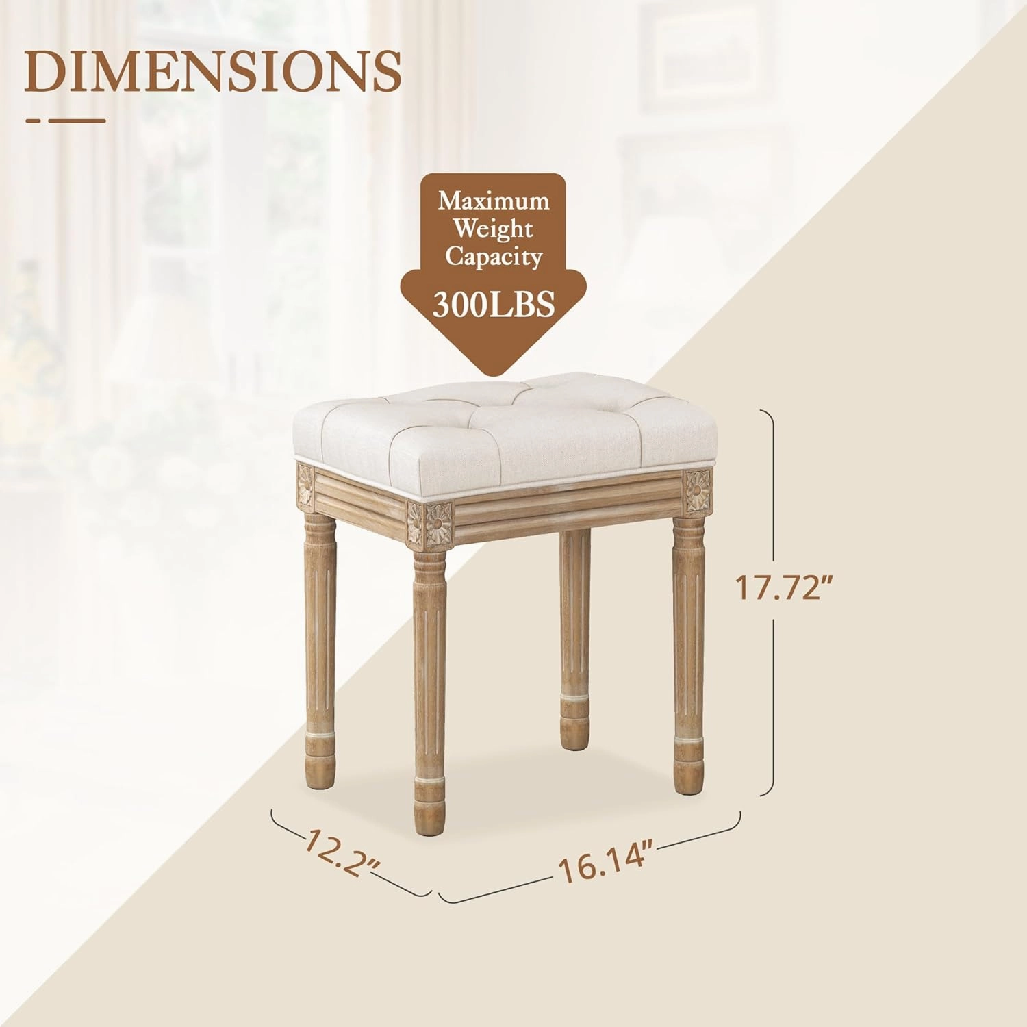 LUE BONA Upholstered Fabric Vanity Bench Seat, Makeup Stools for Vanity, Square Tufted Ottoman Bench with Carved Wood Color Legs for Bedroom Living Room, Beige