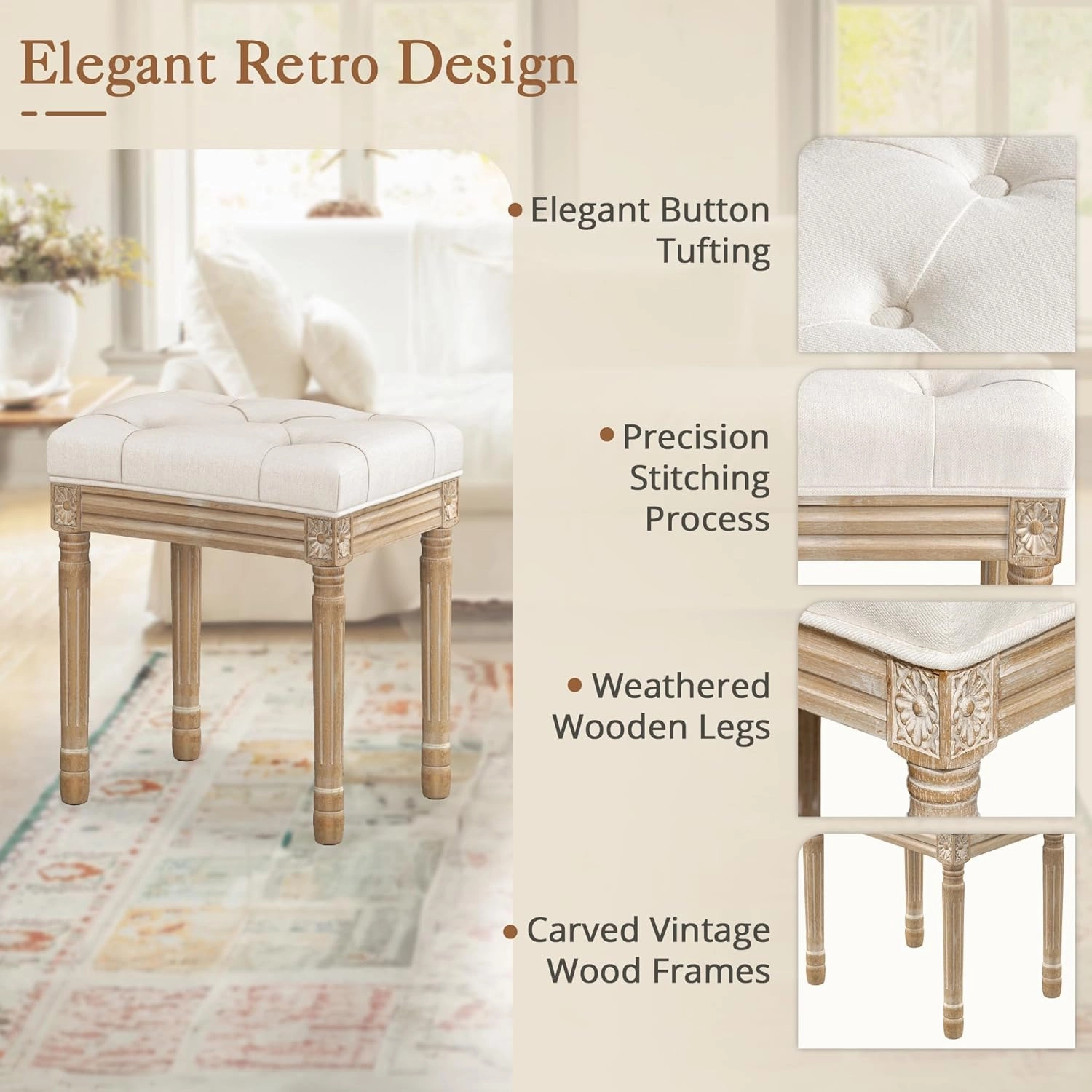 LUE BONA Upholstered Fabric Vanity Bench Seat, Makeup Stools for Vanity, Square Tufted Ottoman Bench with Carved Wood Color Legs for Bedroom Living Room, Beige