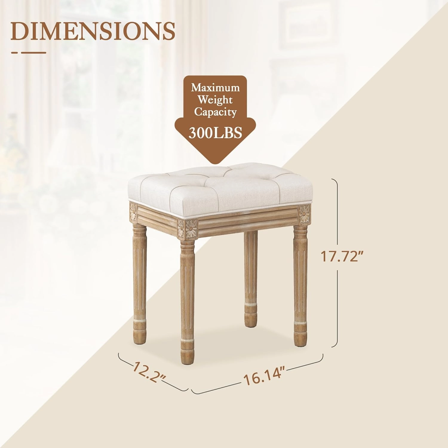 LUE BONA Upholstered Fabric Vanity Bench Seat, Makeup Stools for Vanity, Square Tufted Ottoman Bench with Carved Wood Color Legs for Bedroom Living Room, Beige