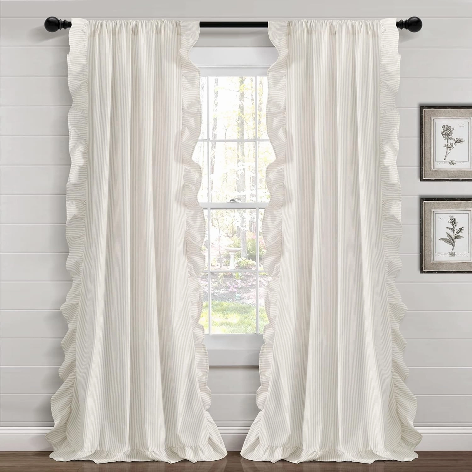 Lush Decor Farmhouse Reyna Ruffle Window Curtain Panel Pair, 52" W x 84" L, Neutral