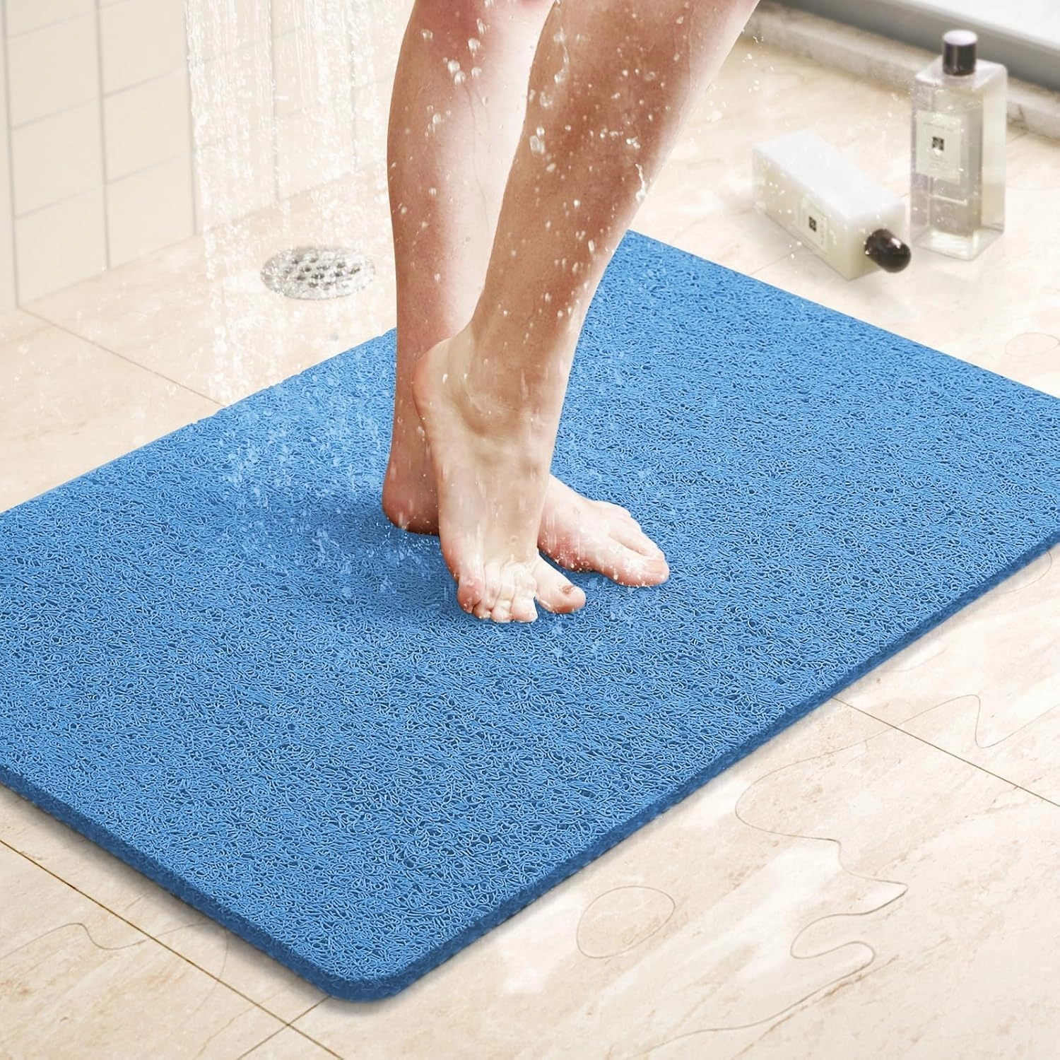 LuxStep Shower Mat Bathtub Mat,24x16 inch, Non-Slip Bath Mat with Drain, Quick Drying PVC Loofah Bathmat for Tub,Shower,Bathroom (Lake Blue)