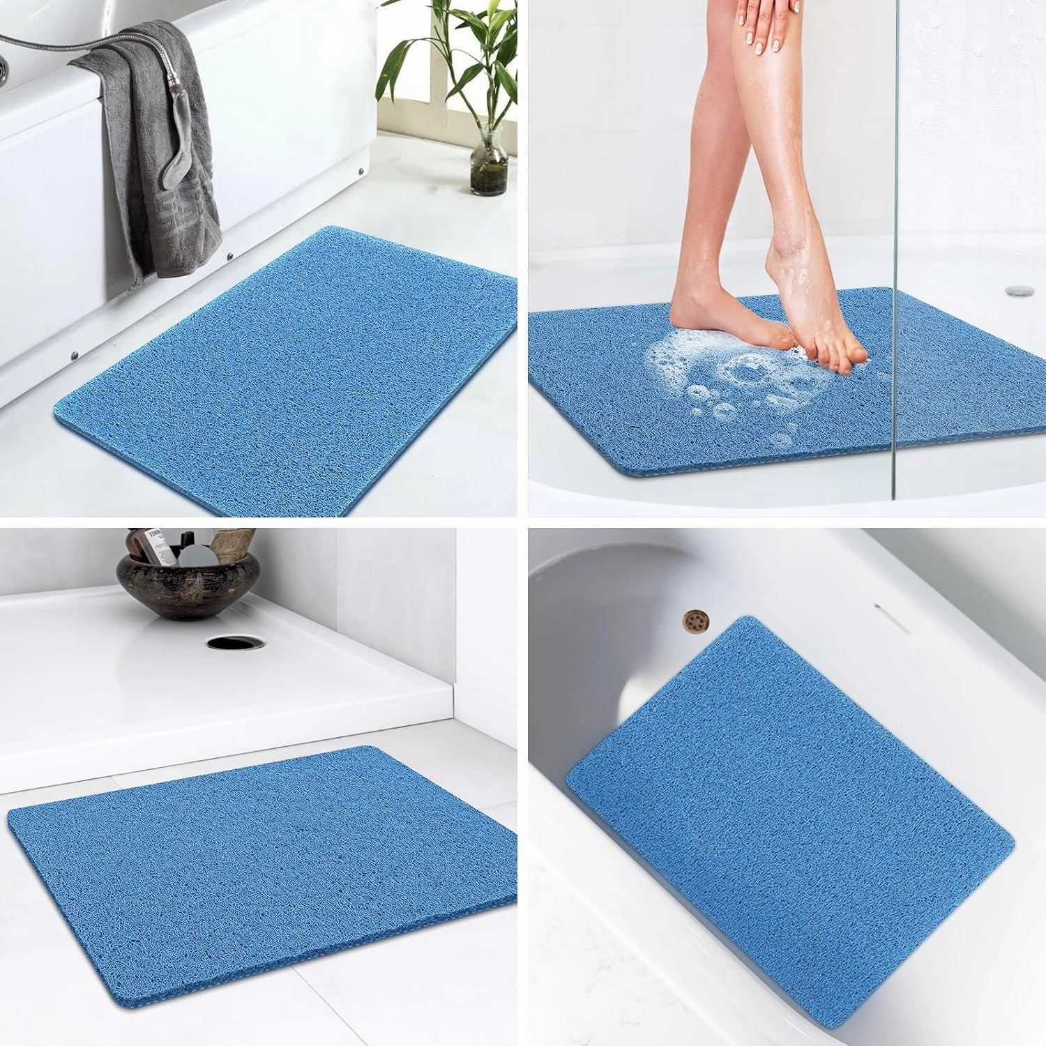 LuxStep Shower Mat Bathtub Mat,24x16 inch, Non-Slip Bath Mat with Drain, Quick Drying PVC Loofah Bathmat for Tub,Shower,Bathroom (Lake Blue)
