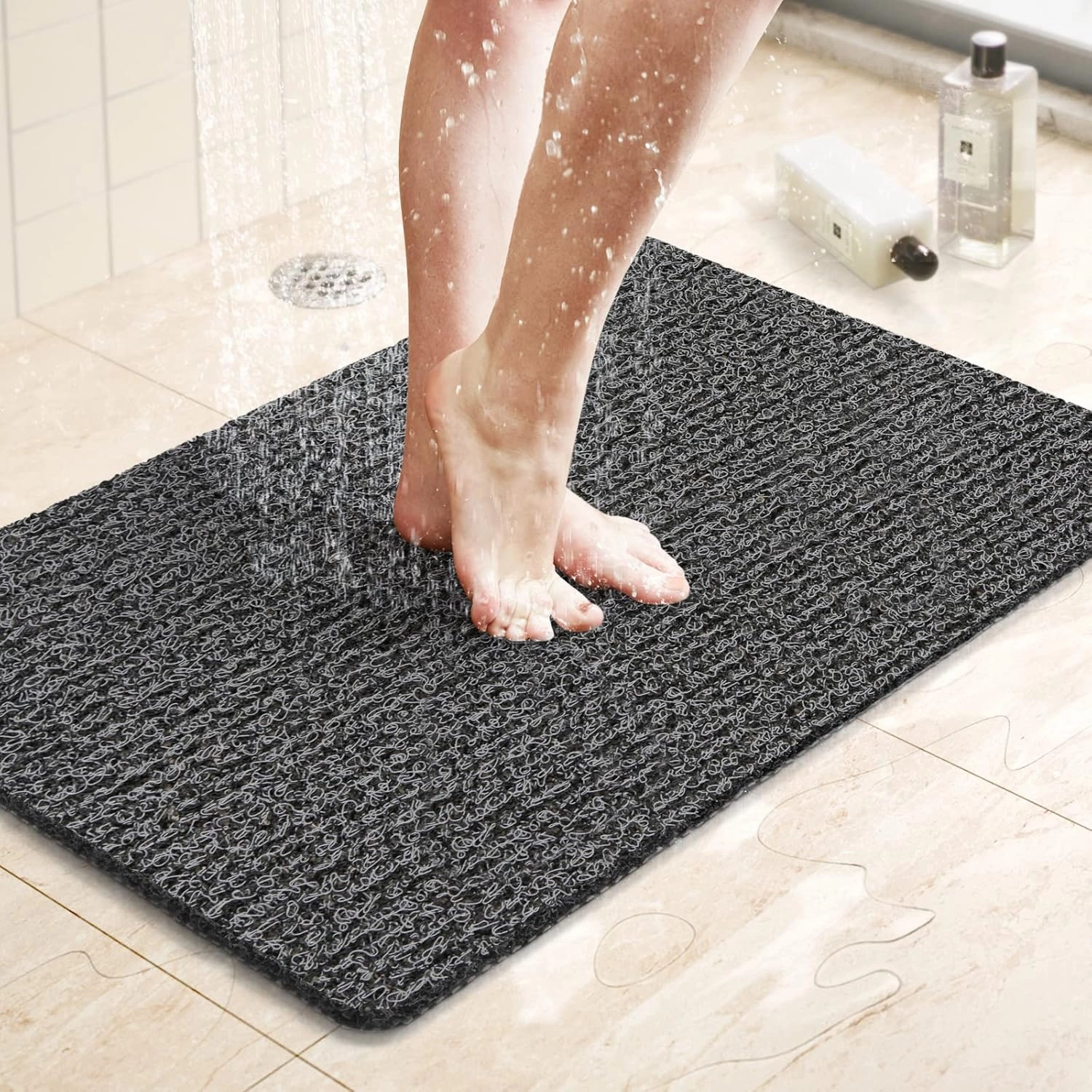 LuxStep Shower Mat Bathtub Mat,24x16 inch, Non-Slip Bath Mat with Drain, Quick Drying PVC Loofah Bathmat for Tub,Shower,Bathroom (Phthalate Free,Black)