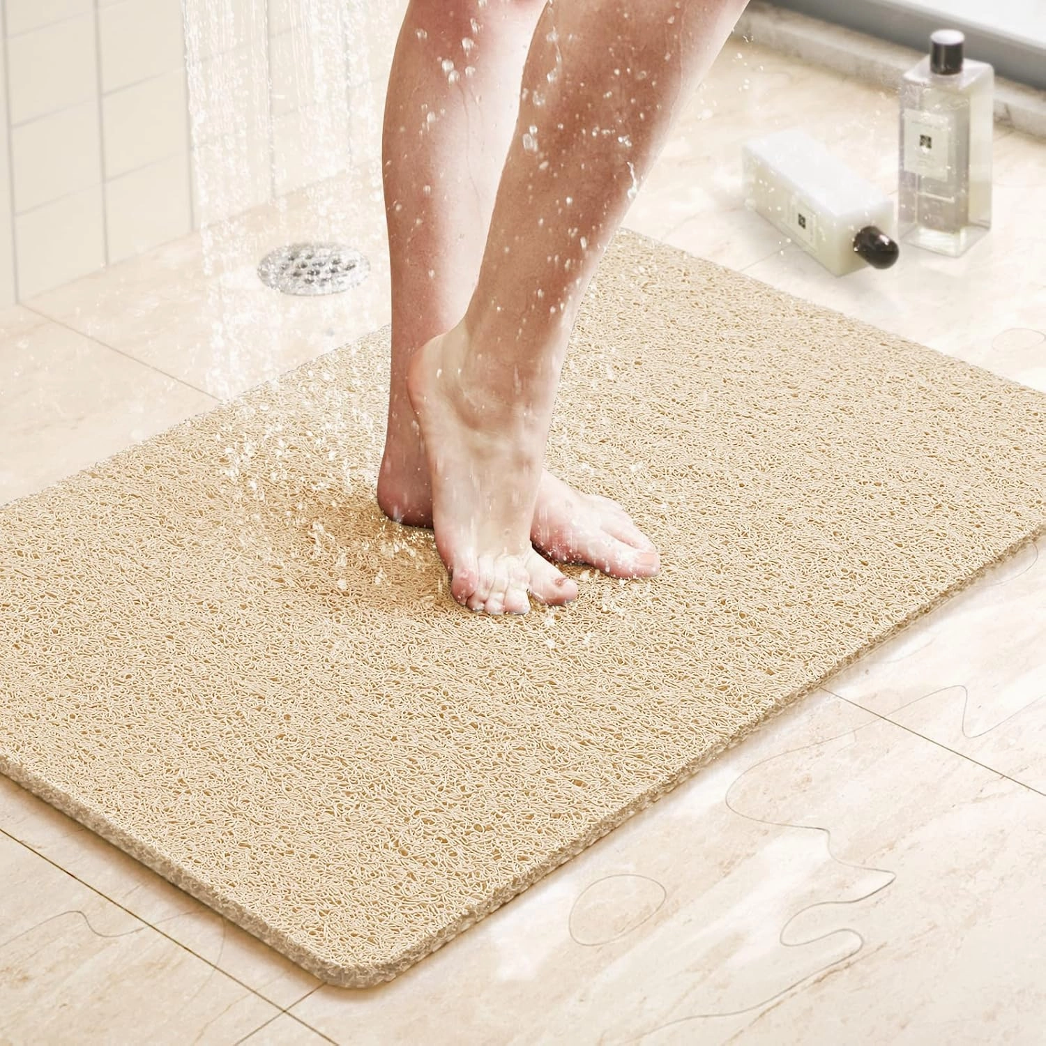 LuxStep Shower Mat Bathtub Mat,24x16 inch, Non-Slip Bath Mat with Drain, Quick Drying PVC Loofah Bathmat for Tub,Shower,Bathroom (Phthalate Free,Khaki)
